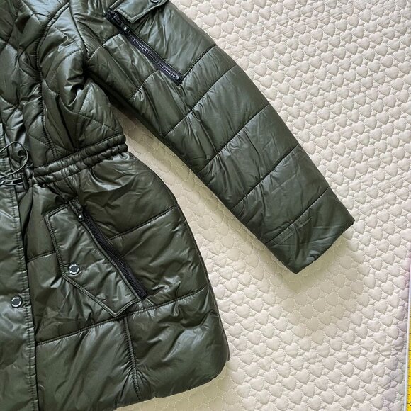 NWT Michael Kors Quilted Women Long Puffer Coat w/ Fur Hoodie Olive Size 1X - Picture 8 of 15